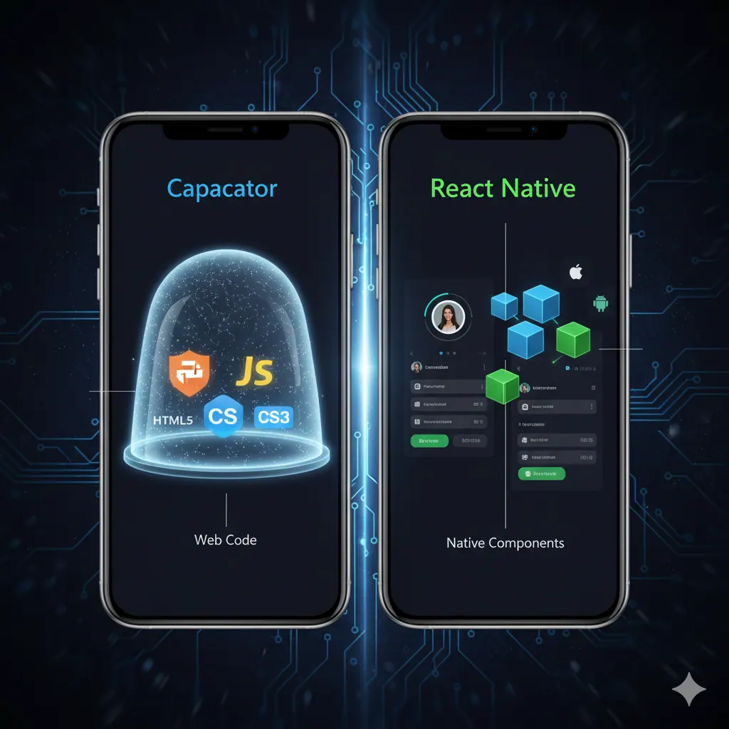 Visualização da escolha entre React Native e Web Nativa, mostrando o melhor caminho para startups em crescimento.