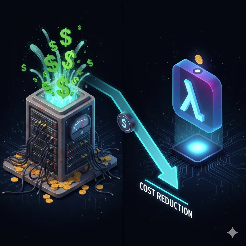 Pilhas de dinheiro em chamas e um gráfico mostrando 90% de economia com arquitetura serverless.