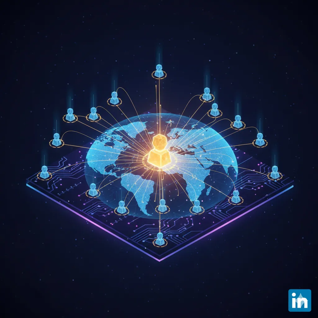 Tela do LinkedIn com enxurrada de mensagens de spam idênticas, simulando um feirão digital caótico e barulhento.