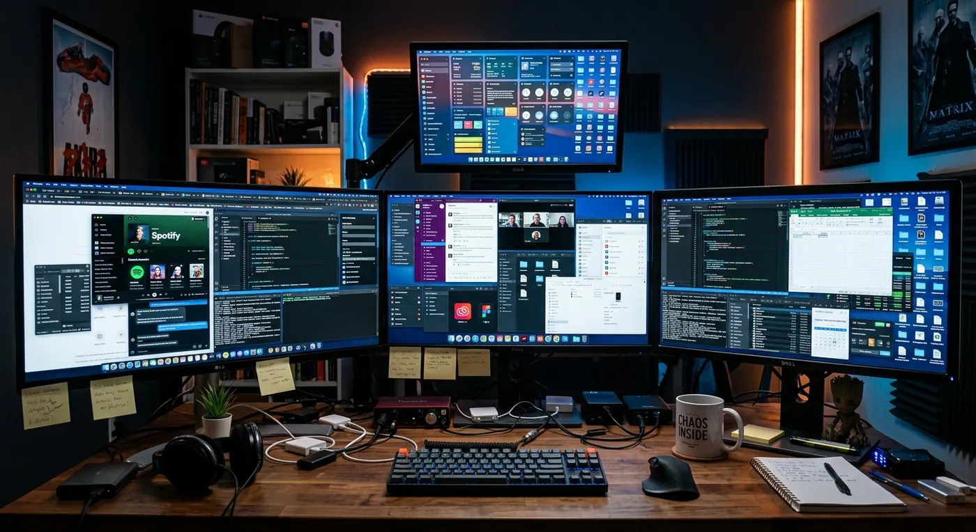 Foto de mesa com vários monitores e ícones de apps espalhados — fragmentação visual.
